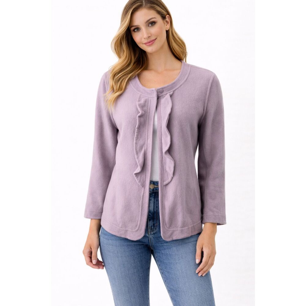 Wool Blend Talbots Jacket Button Front 3/4 Sleeve Ruffle Purple 12